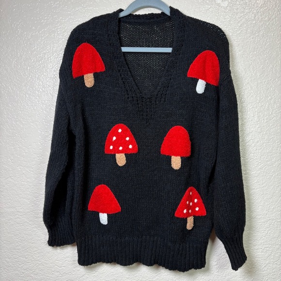 Mushroom Sweater V Neck Knit Black Pullover Cottagecore Whimsicalcore - Picture 3 of 7